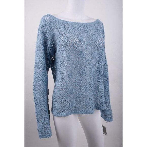 Vintage ESPRIT Womens Sweater L Blue Crochet Pullover Boat neck 90s NWT - Picture 2 of 6